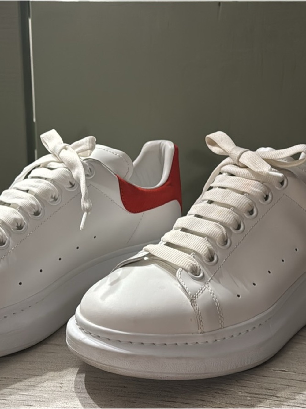 Alexander McQUEEN White Leather Platform Sneakers with Red Heel Accent